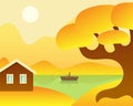Autumn landscape. Mountains, a river, a tree with yellowed foliage, a house and a boat with a fisherman. Vector illustration.